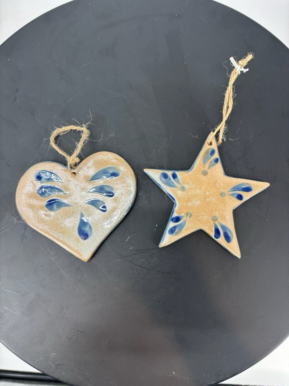 Stoneware Pottery Wall Hanging Ornament Decor Blue Hearts Star Country